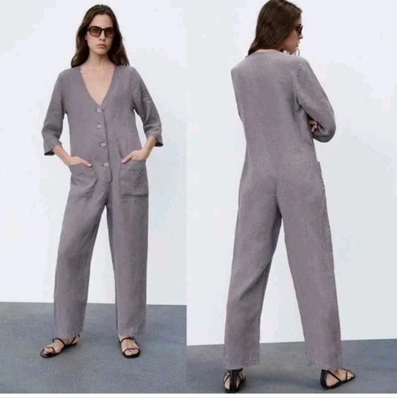 ZARA | Gray Lillian 100% Linen Button Front Jumpsuit SZ S
