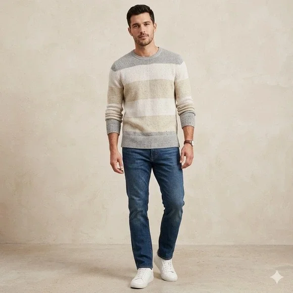 Banana Republic Mens Striped Wool Blend Crew‎ Neck Sweater Gray Tan Medium