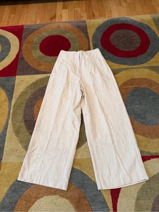Zara Women Beige Cream Wide Leg Cropped High Waisted Linen Pants Size Small