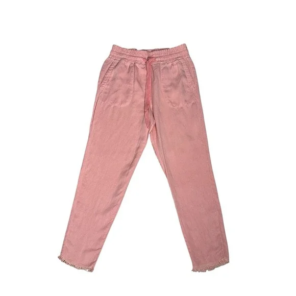 Zara‎ Linen Blend Joggers Womens Drawstring Size Small Pink Fringe