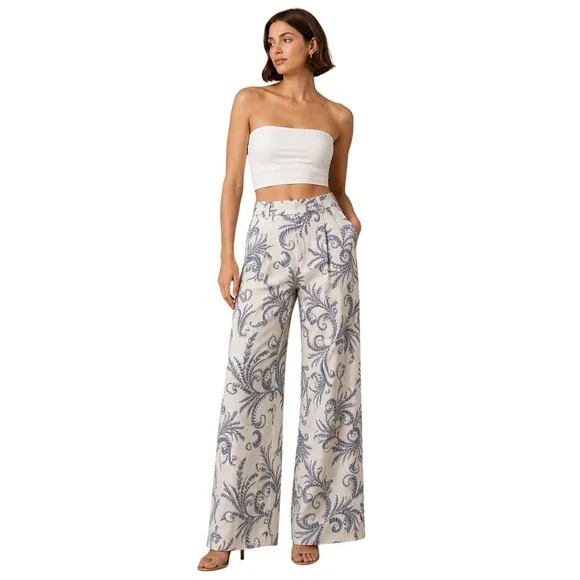 Banana Republic High Rise Linen Blend Paisley Wide Leg Pants 4 Coastal Resort