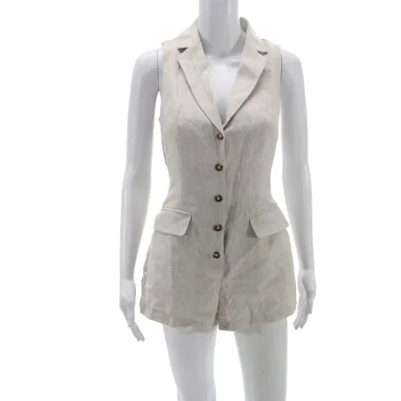 Reformation Women Romper Beige Linen Sleeveless Collared Button Size 0