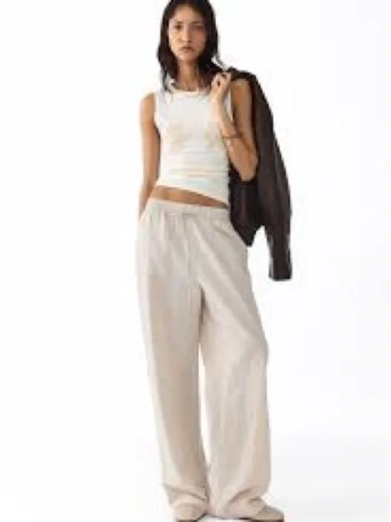 H&M Light Beige Drawstring Linen-Blend Women's Chinos
