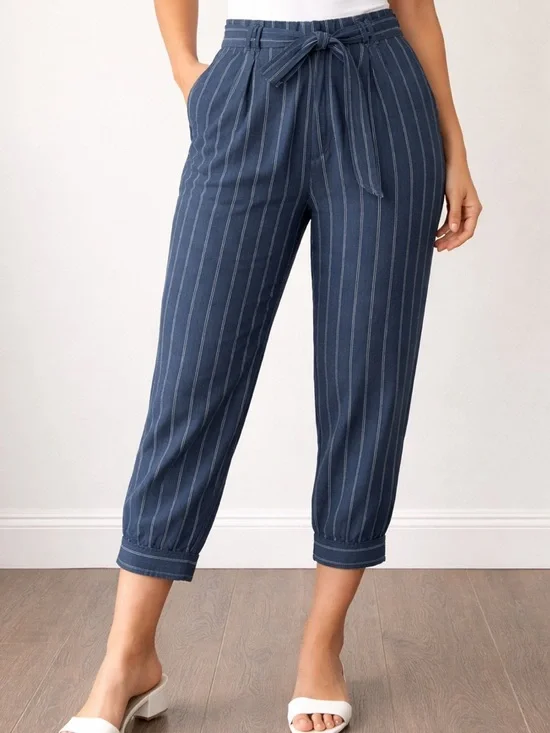 Banana Republic Avery Linen Cotton Striped Pants Navy Blue Tie Waist Crop 12 EUC