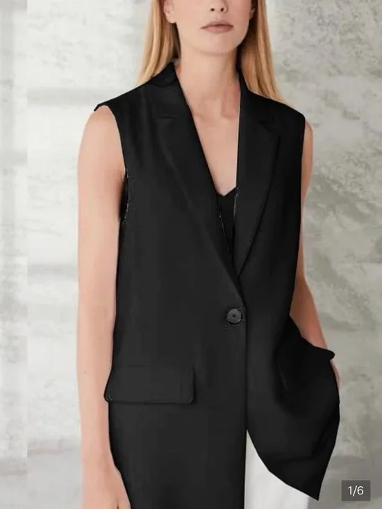 Sleeveless Linen Oversized Black Tailored Vest for Women