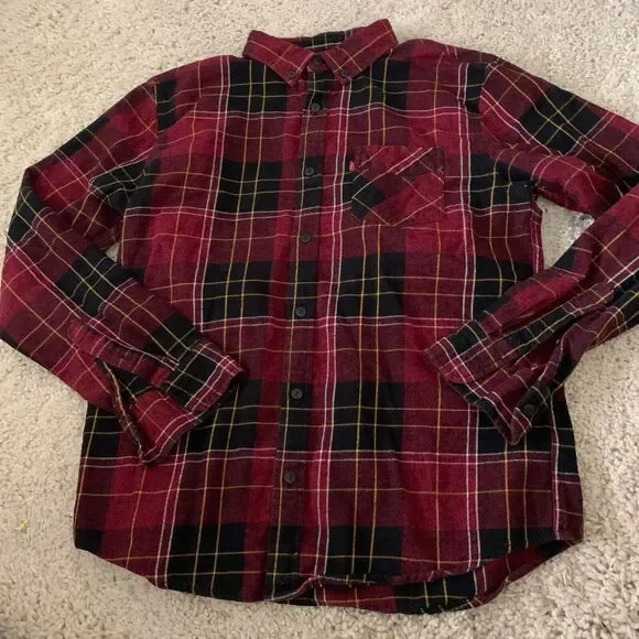 Levis Shirt Mens Medium Long Sleeve Button Up Flannel Dark Red Plaid