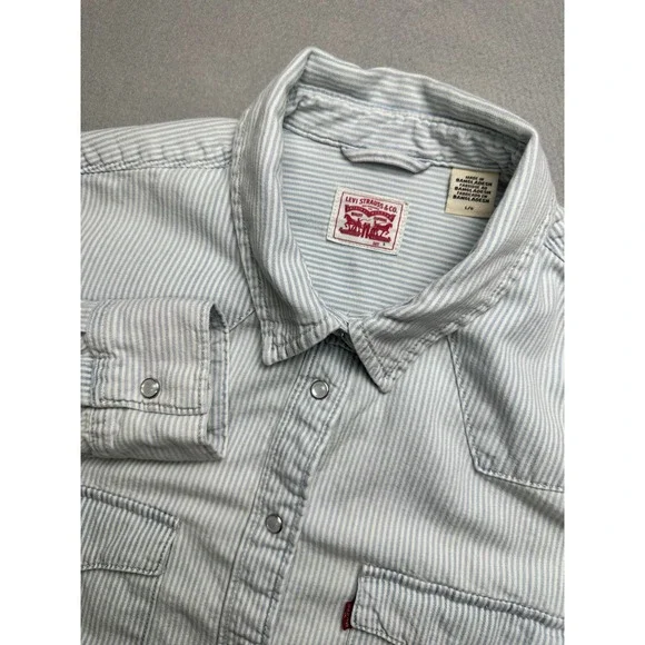 Levi Strauss Western Shirt Womens L Blue White Stripe Pearl Snap Long Sleeve