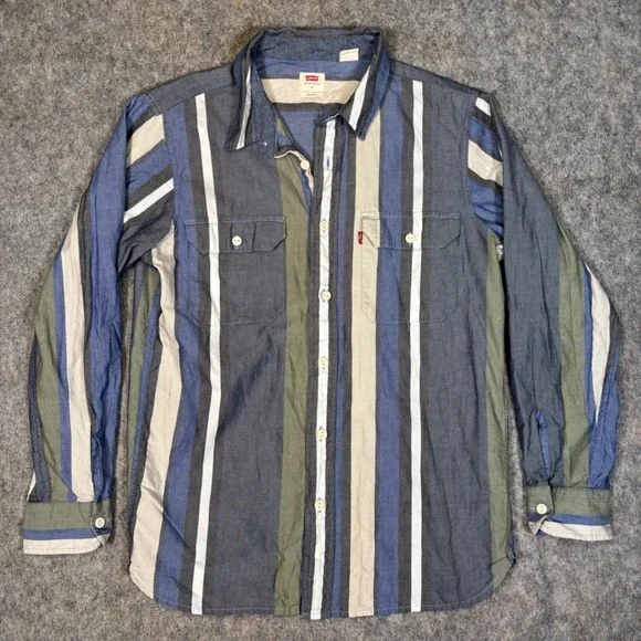 Levi's Brushpopper Striped Button Up Shirt Mens S Blue Green Relaxed Fit Cotton‎