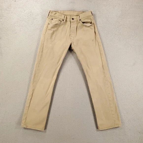Levis 501 Jeans Mens 30x30 Tan Biege Button Fly Straight Leg Distressed 30x30