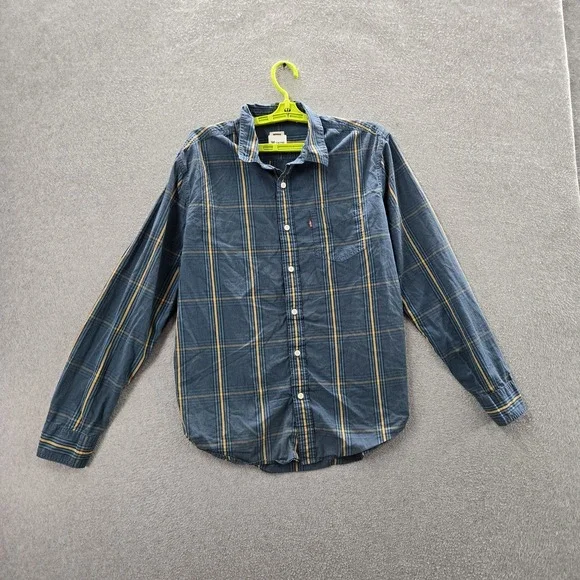 Levi's‎ Men Button Up Shirt L Blue Plaid Casual Standard Long Sleeve Logo