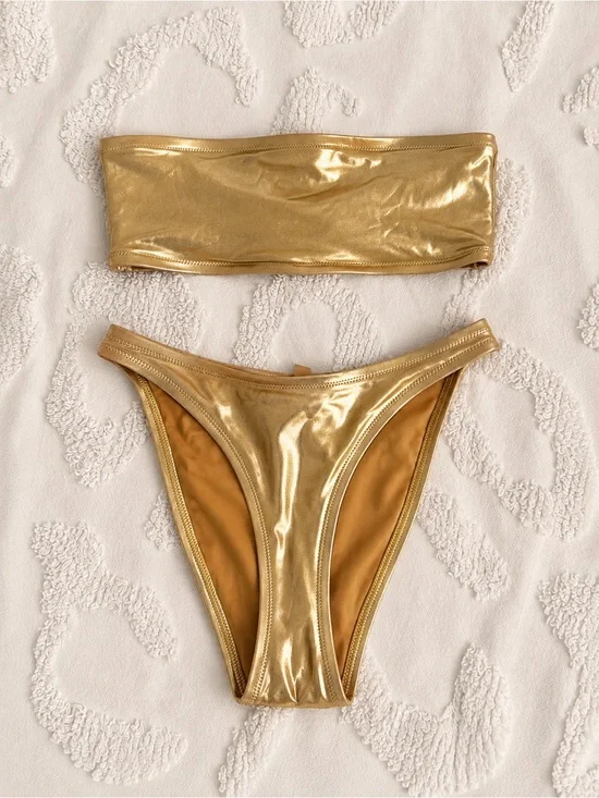 SKIMS Metallic Gold Strapless Bandeau Bikini Set