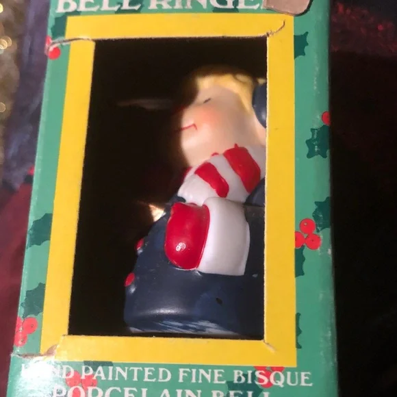 Hand-Painted Porcelain Bell Ringer Figurine - Blue and Red