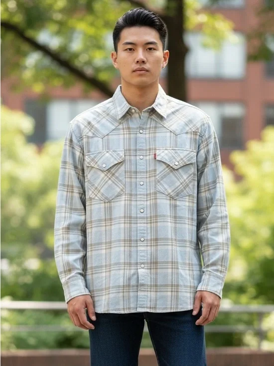 Levi’s Men's L Pearl Snap Western‎ Shirt Blue Plaid NWT