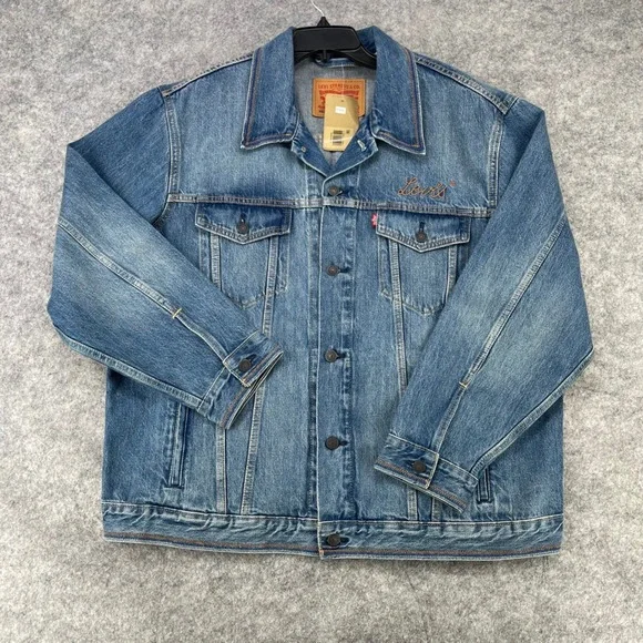Levi's Trucker Denim Jacket Men XL Blue Relaxed Fit Embroidered Logo A5782-0080