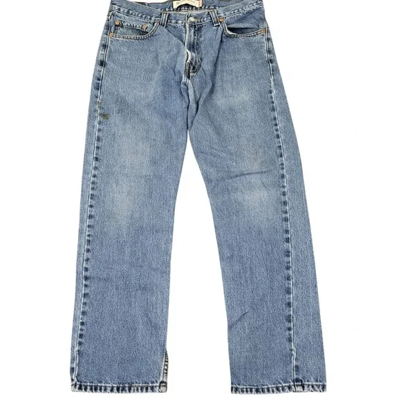 Levis 505 Regular Fit Jeans Mens 34x30 Light Wash Blue Good Distressed Denim Y2K