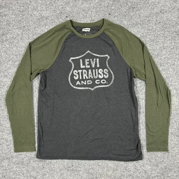 Levis Logo Shirt Mens Size Medium Gray Green Raglan Long Sleeve Graphic Tee