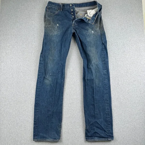 Levi's Jeans Mens 34 501 Original Blue Distressed Button Fly Straight Leg Denim