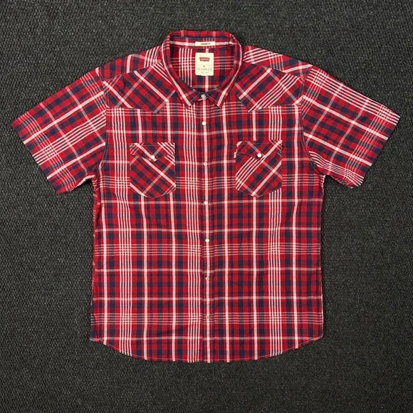 Levis Western Pearl Snap Shirt Mens XXL Red Plaid Short Sleeve Rodeo Cowboy