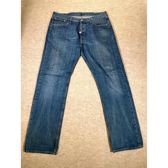 Levis‎ 501 Straight Leg Jeans Mens 38x34 Blue Whiskering Denim Cotton Button Fly