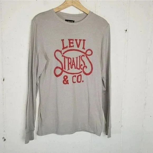 Levi's Long Sleeve Tee Small Gray Graphic Print Heritage Logo Crew Neck‎ Mens