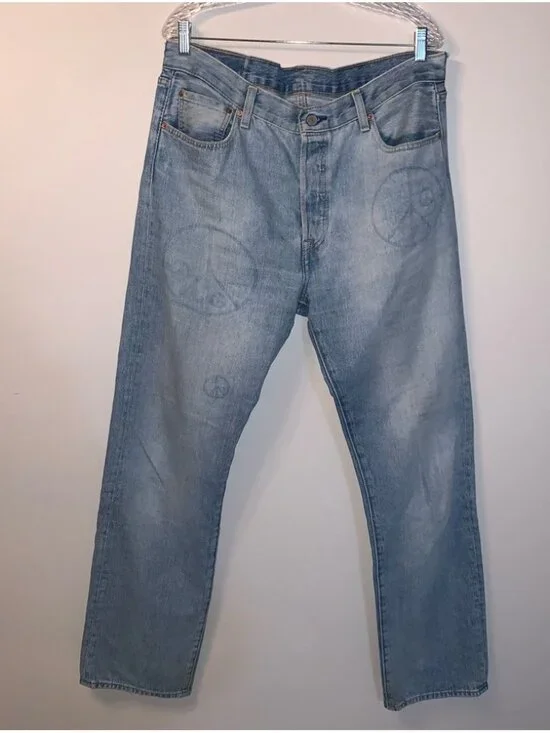 Levis 501 150th Jeans Mens 36x34 Blue Peace Sign Print Denim Button Fly Rare