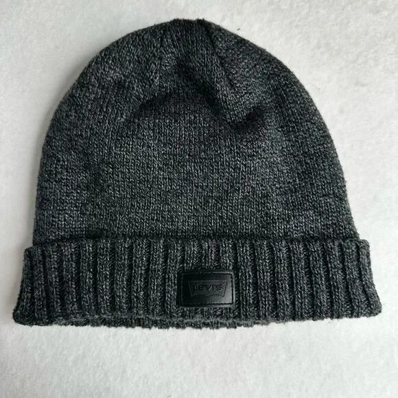Levi's‎ Beanie Hat Charcoal Gray Ribbed Knit Cuff Faux Leather Logo Lined OSFA
