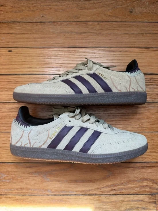 Adidas Men’s Samba-style Suede Sneakers in Beige with Purple Stripes