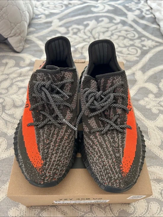 adidas mens YZY 350 Boost-Style Knit Sneakers in Black and Orange