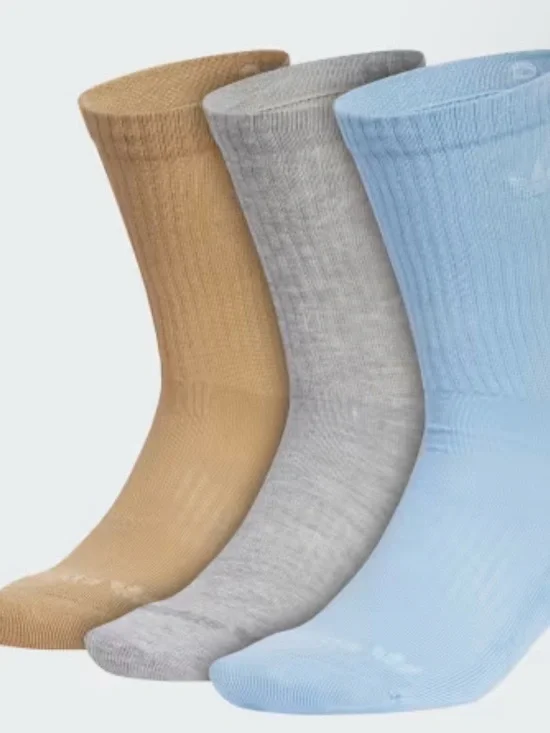 adidas 3-Pack Crew Socks in Tan, Gray & Light Blue