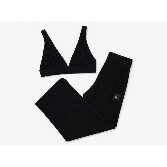 Alo Yoga Black Ribbed Knit Bralette and Wide Leg Pants Lounge Set Womens small