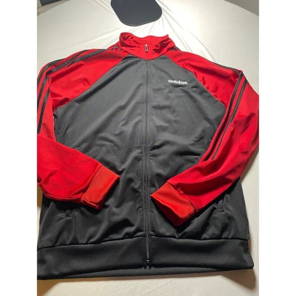 Adidas Mens Track Jacket Black Red Full Zip Three Stripe FI6176 Large