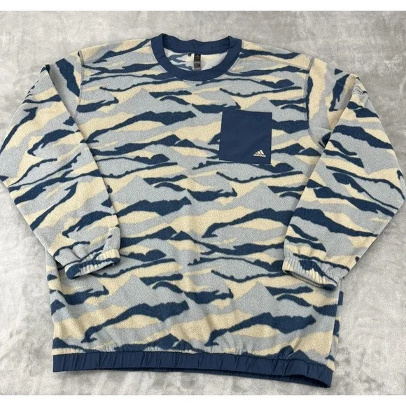 Adidas Camo Fleece Sweatshirt Men XL Blue Crew Neck Stretch Long Sleeve Pullover