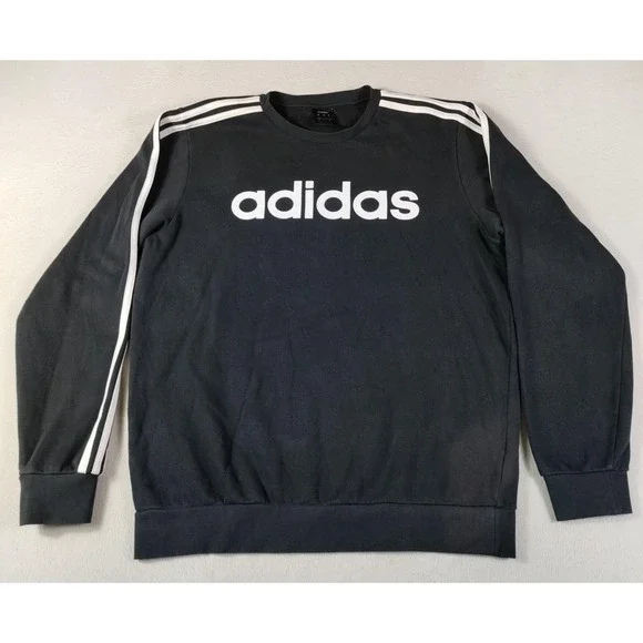 Adidas‎ Sweatshirt Mens Large Black 3 Stripe Logo Fleece Distressed Gym Athletic