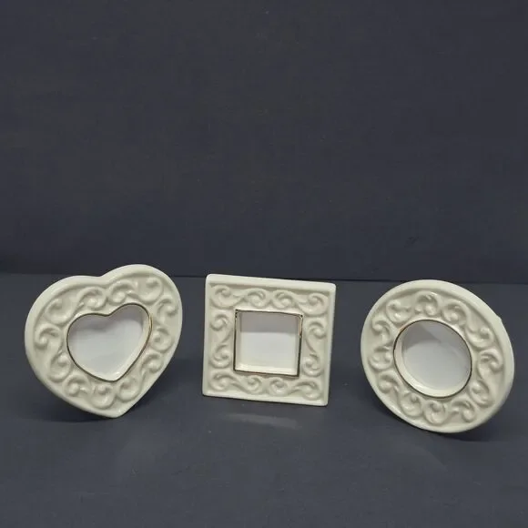 LENOX 3 DIFFERENT MINI IVORY PORCELAIN PICTURE FRAMES HEART CIRCLE SQUARE