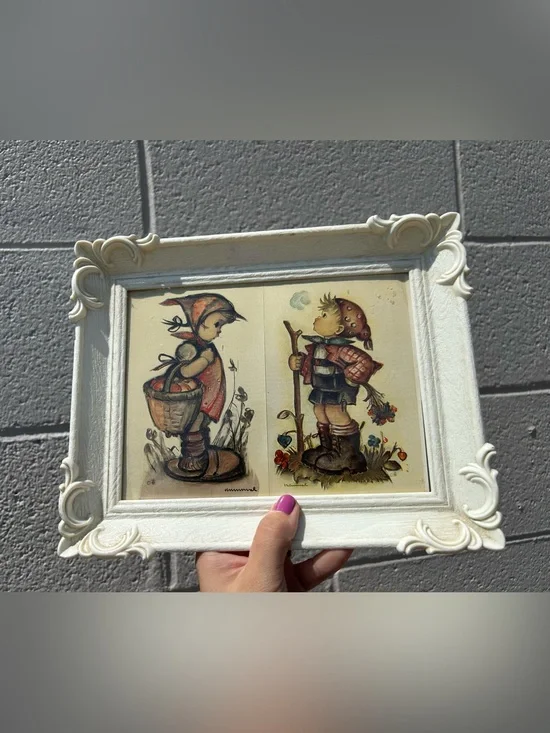 Vintage-Inspired White Framed Wall Art with Child Illustrations Hummel Art