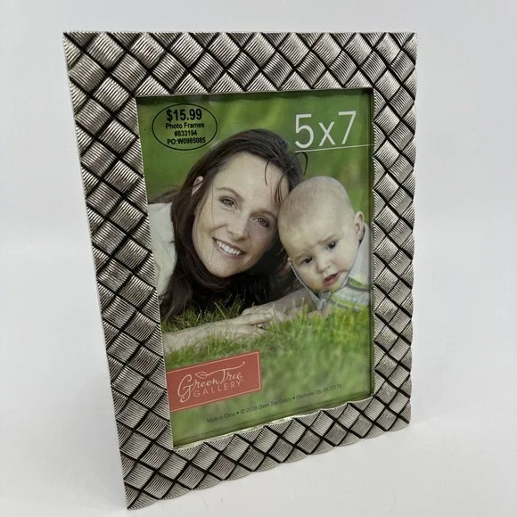 Pewter Heavy Picture Frame Criss Cross Pattern Fits 5x7