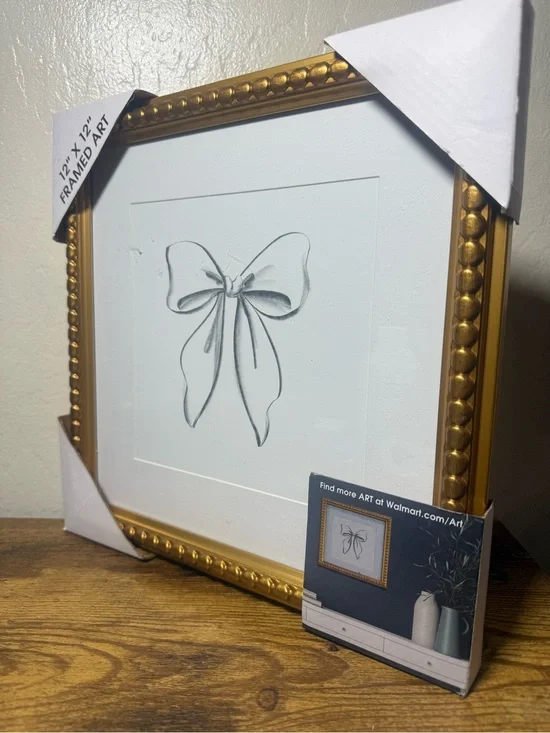 Gold Bow Drawing Framed Wall Art – Elegant Feminine Décor