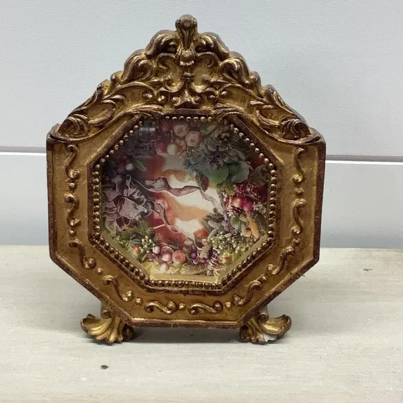 Vintage Style Ornate Gold Octagonal Footed Picture Frame 6x5 Tabletop Decor
