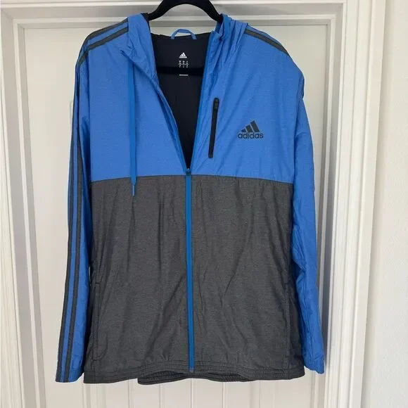 Adidas | Blue & Gray Lightweight Hooded Windbreaker Jacket | EUC | Size: XL
