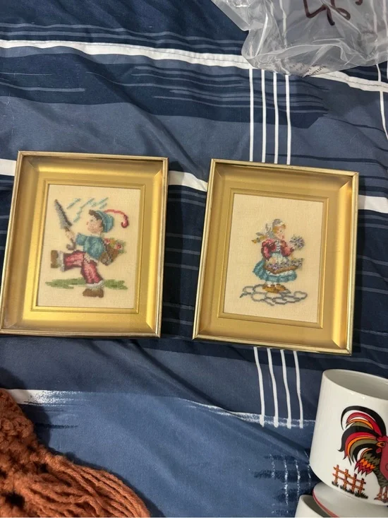 Hummel Gold Framed Cross-Stitch Kids Pair - Blue, Red, Green