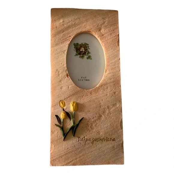 Pale Orange Rectangular Stone Picture Frame with Small Oval 2” x 3” Window