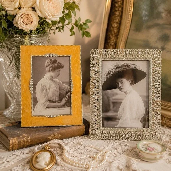 Pair Jeweled 4x6 Picture Frames Enamel Rhinestone Pearl Hollywood Regency