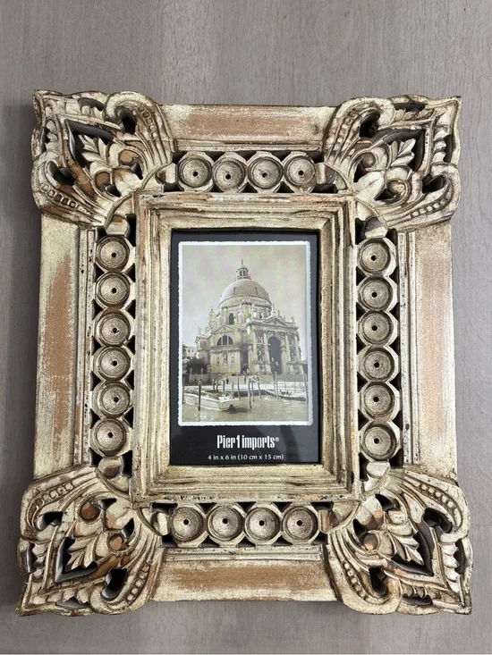 Pier 1 Picture Photo Frame Carved Wood, Cream, Gold, Boho, India 12X10, Hole 4x6