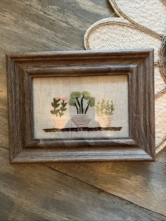 Rustic Brown Framed Embroidered Plant Art - Brown