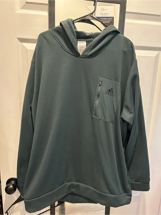 adidas Dark Green Pullover Hoodie with Zip Chest Pocket