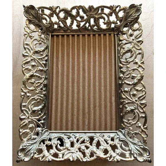 Vintage Ornate Photo Frame 5 x 7 Gold Filigree Metal Hollywood Regency No Glass