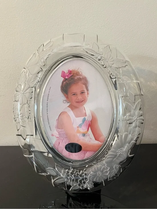 Vintage Clear Frosted Crystal Floral Embosses Oval Glass 4x6 Picture Phot Frame