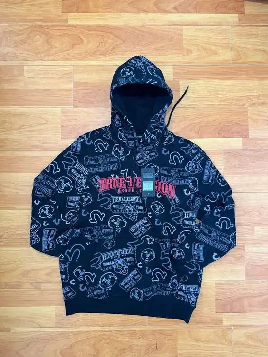 True Religion Ticket AOP Pullover Hoodie Jet Black Size Medium