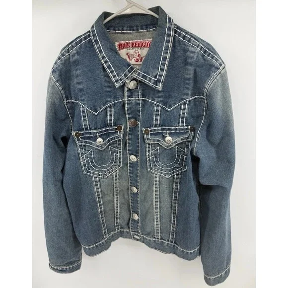 Men's Vintage True Religion Jimmy Super T Blue Denim Jacket Size XXL SEE PICS