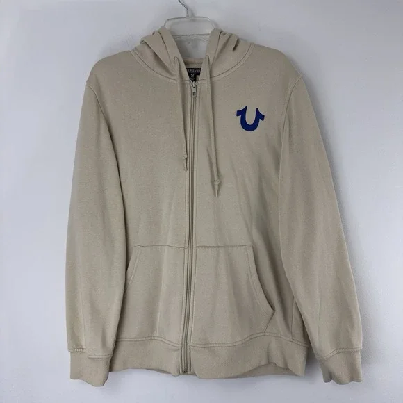 True Religion Men's Buddha Zip Hoodie Beige Full Zip L Graphic Fleece Lined‎
